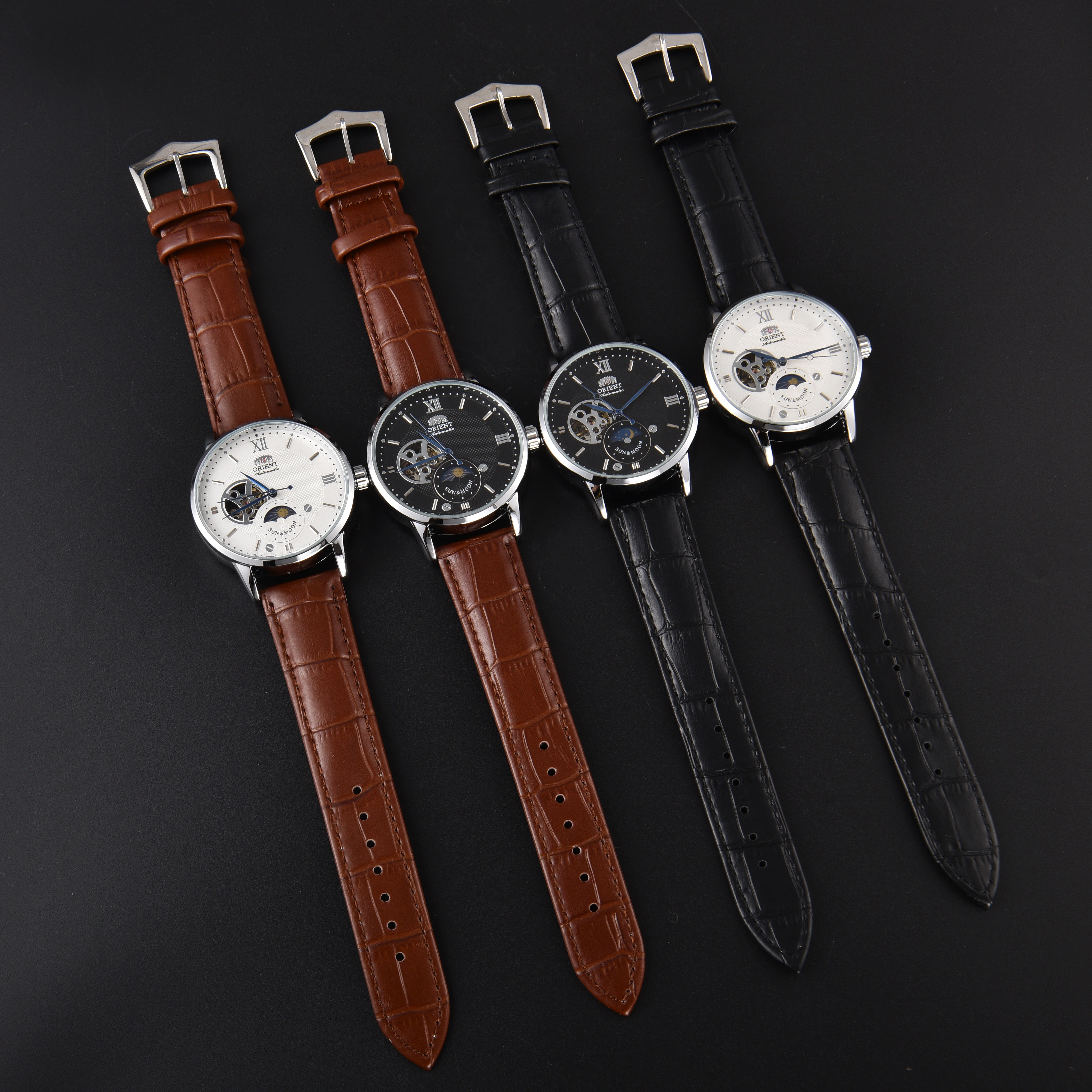 Orient Sun & Moon – montre automatique semi-squelette pour hommes, cadran blanc, bracelet en cuir no