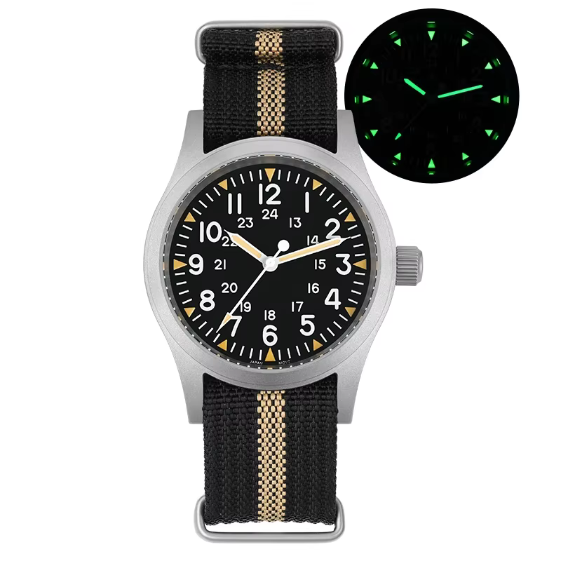 Militado ML05 38mm montre militaire mis5 2035 mouvement bombé saphir cristal C3 vert lumineux 10Bar