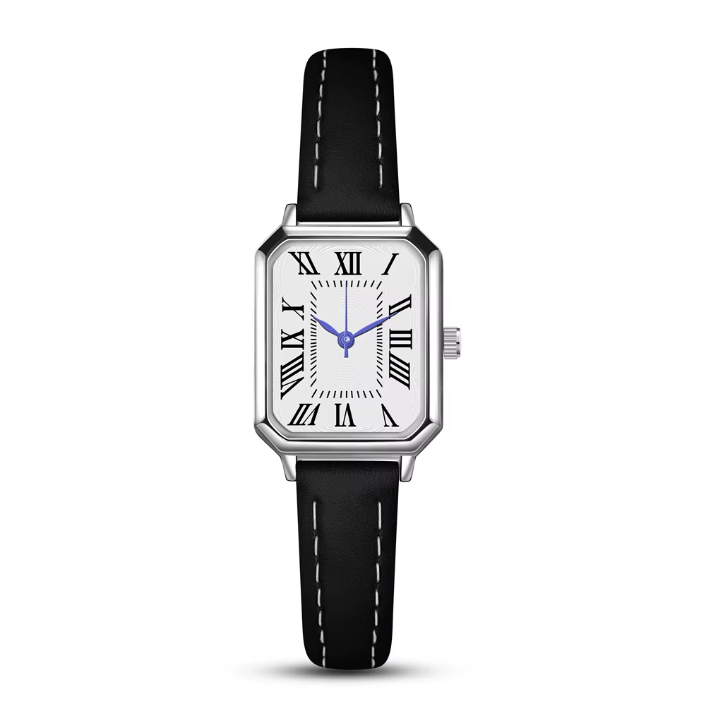 Montre femme carrée, bracelet cuir noir, chiffres romains, élégante pour bureau et quotidien