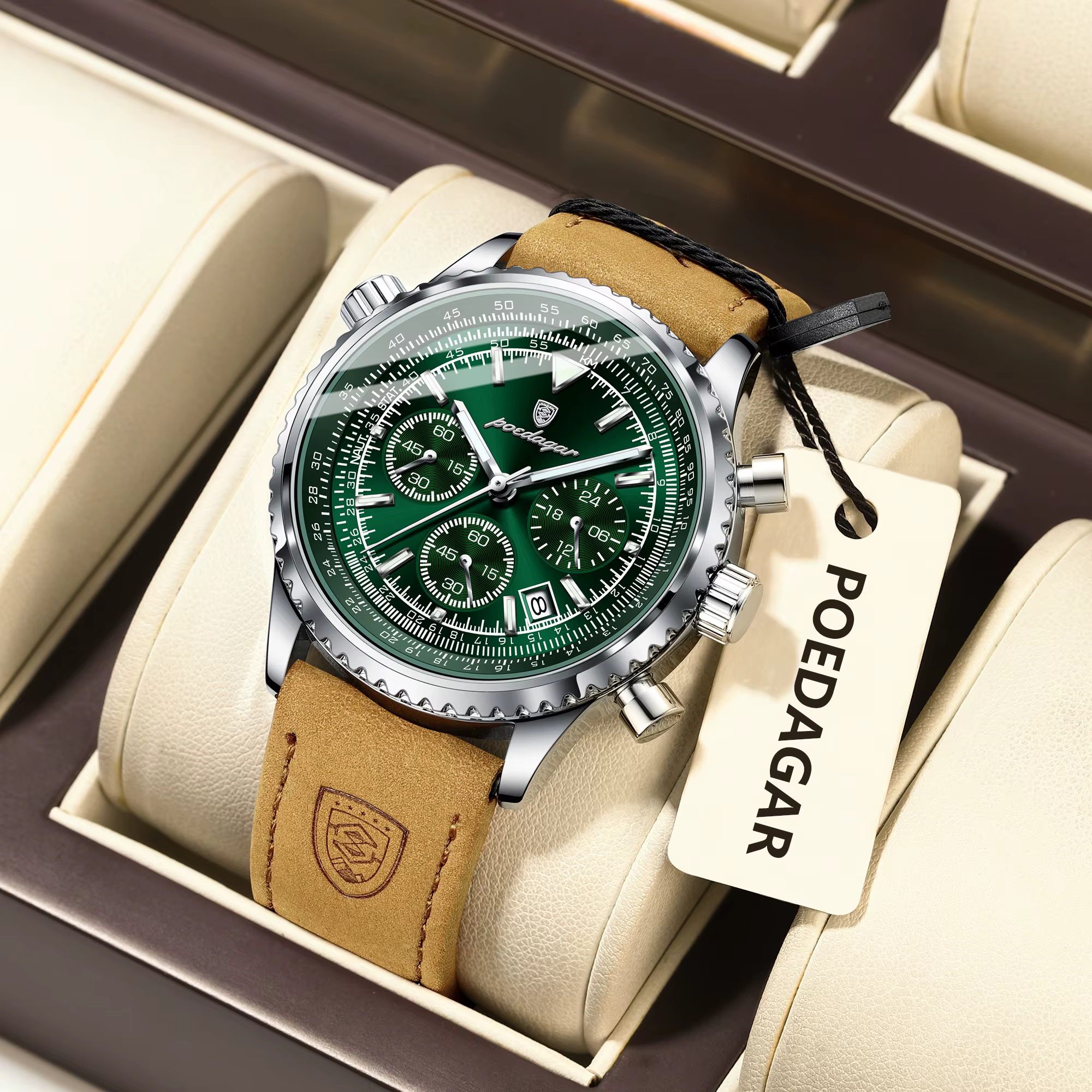 POEDAGAR montre pour hommes d'affaires de luxe étanche lumineux Date chronographe en cuir homme horl