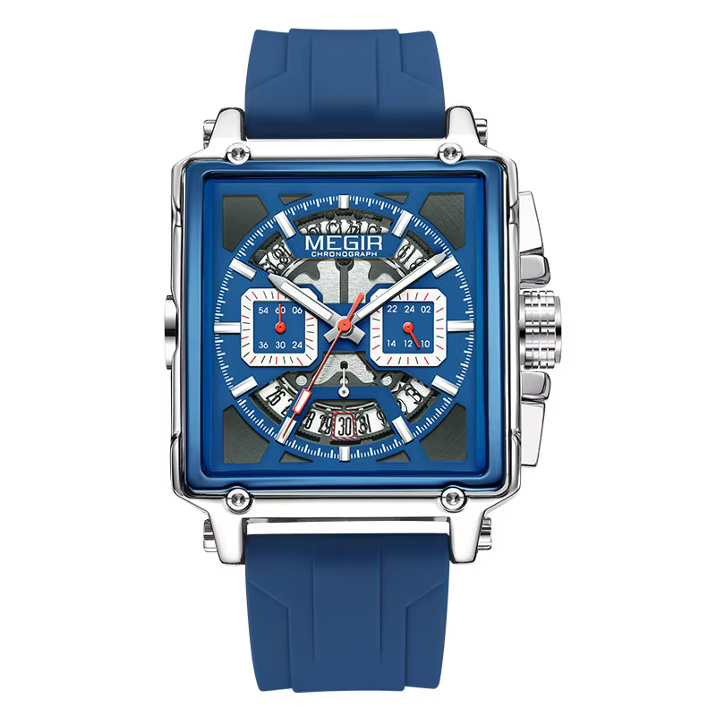 Montre à quartz bleu marine MEGIR pour homme, chronographe, étanche, bracelet en silicone, aiguilles
