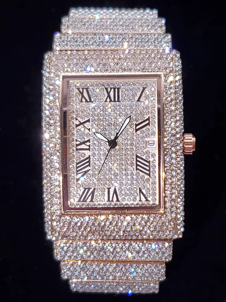 Montres pour hommes en or cadran rectangulaire de luxe diamant mode grandes montres pointe lumineuse