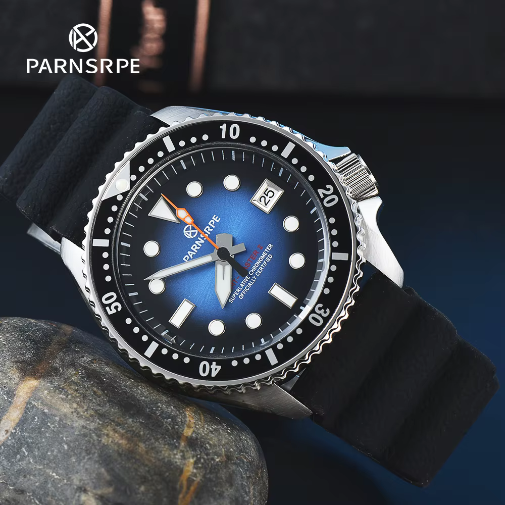 PARNSRPE-Montre de plongée pour homme avec cadran bleu éclaté, verre saphir, mouvement NH35, indicat