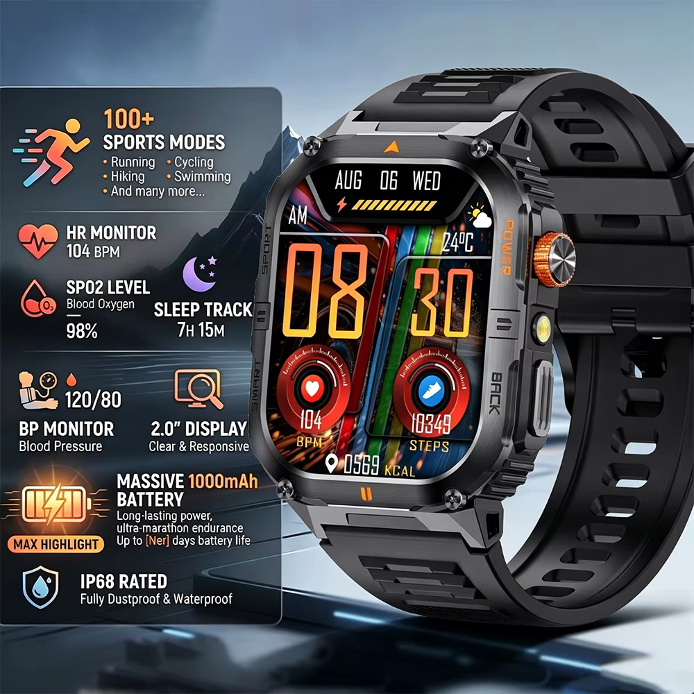 Montre connectée sportive 2026 avec écran HD 2,0 pouces, plus de 100 modes sportifs, étanche IP68, l