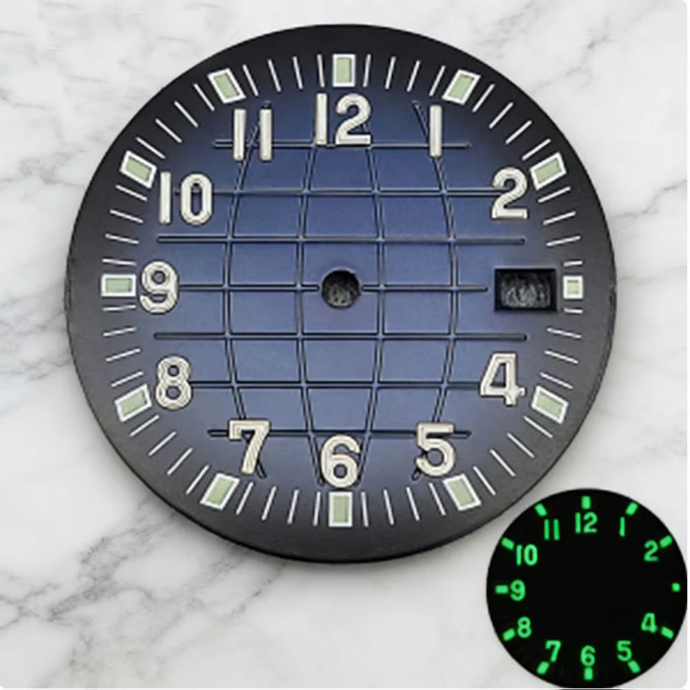 Cadran de montre Aquanaut noir et bleu de 32 mm avec calendrier simple, adapté aux mouvements automa