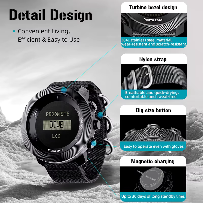 Montre numérique de plongée libre NORTH EDGE APACHE-D pour hommes, sports de plein air, natation, ét