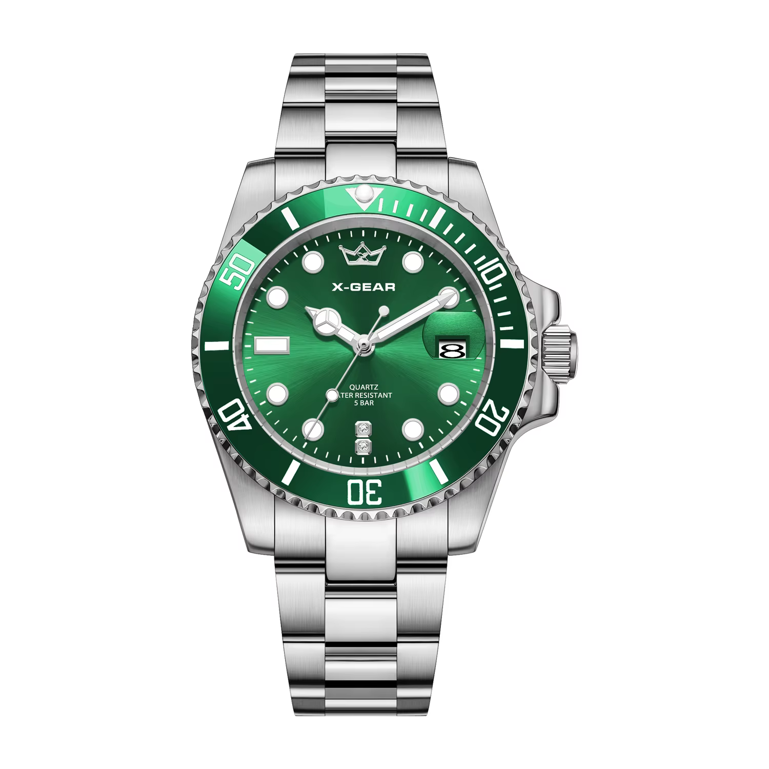 Montre à quartz pour homme X-GEAR, bracelet en acier vert Submariner, luminescent, étanche, affichag