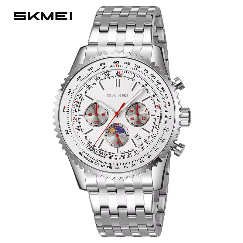 SKMEI 9348 Montre de Luxe Exquise pour Homme, Chronographe à Phase de Lune, Étanche, Montre à Quartz