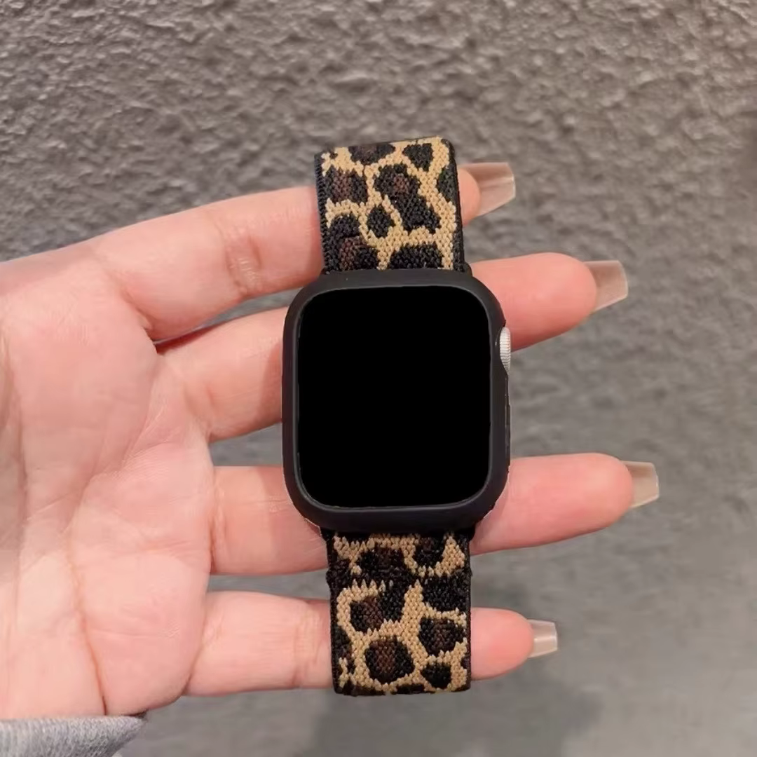 Bracelet en nylon élastique léopard + étui pour Apple Watch 10 11 42 mm 46 mm 40 mm 41 mm 45 mm 44 m
