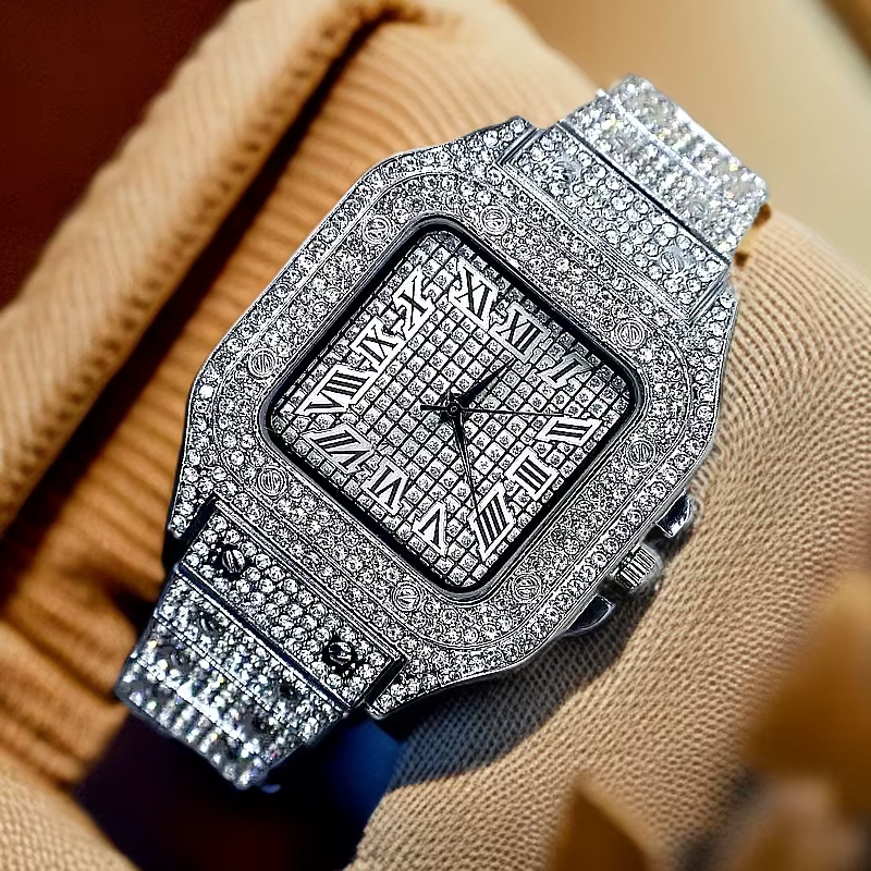 Montres pour hommes de luxe de marque bracelet en alliage élégant Hip Hop diamant or Date Montre à Q