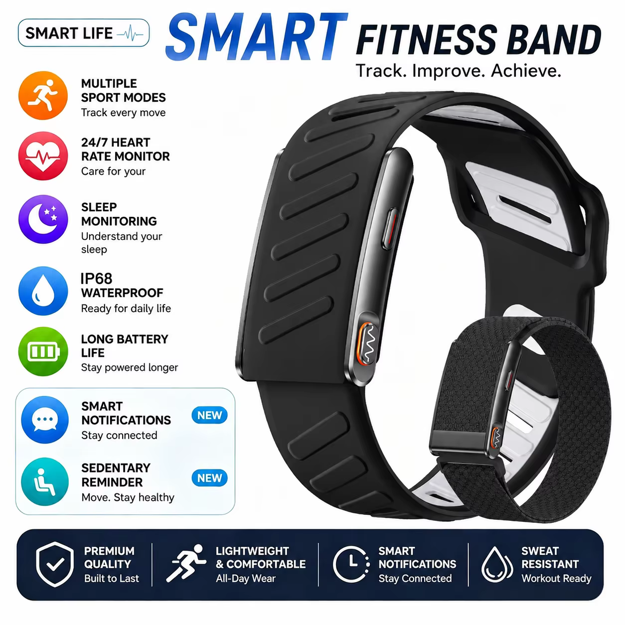 Bracelet connecté intelligent avec moniteur ECG, suivi cardiaque 24h/24, modes sportifs, longue auto