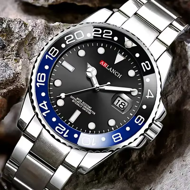 Montre d'affaires en acier inoxydable 40mm classique rouge bleu cercle série de plongée loupe calend
