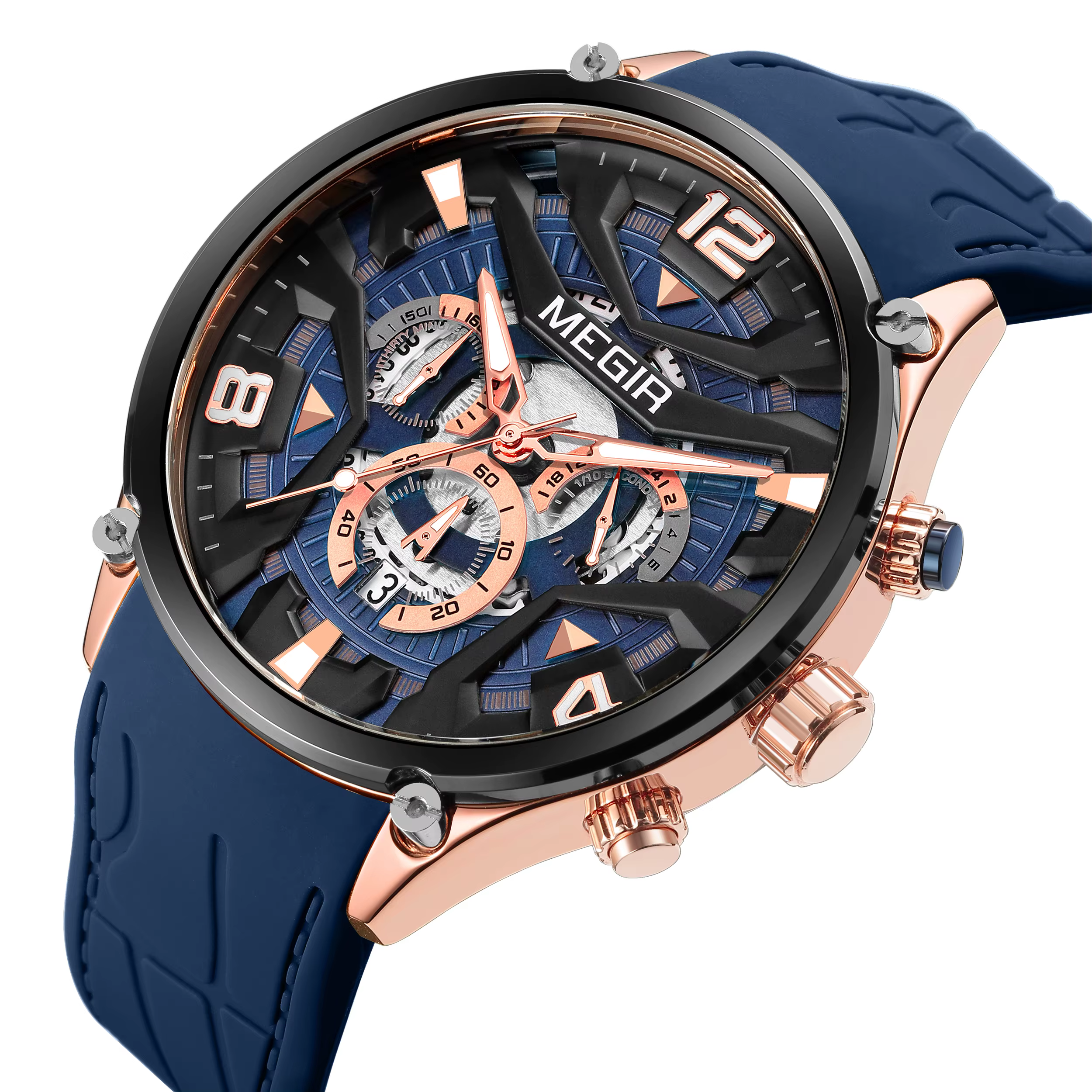Montre MEGIR 2222 vert olive bleu marine, bracelet en silicone, chronographe étanche, quartz, avec d