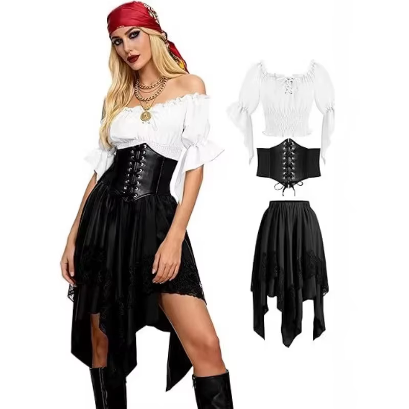 Costume de pirate Renaissance pour femmes, ensemble 3 pièces, chemisier, corset, ceinture, jupe asym