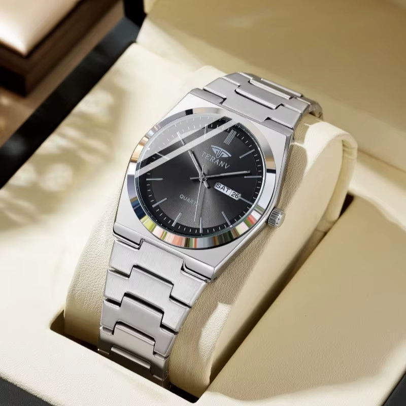 Montre pour hommes, montre à quartz de mode avec calendrier mince en acier inoxydable