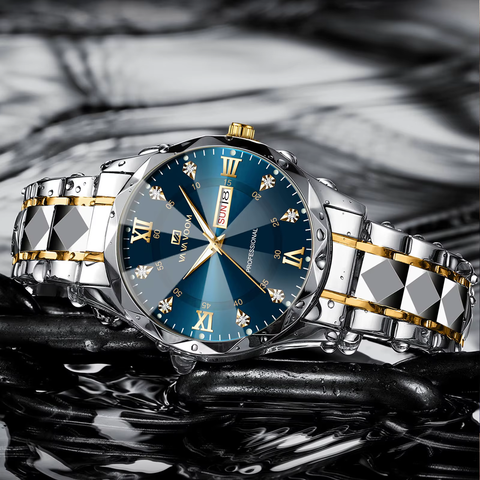 Montre de luxe en acier inoxydable pour homme, diamant, eau, lueur nocturne, double calendrier, mouv