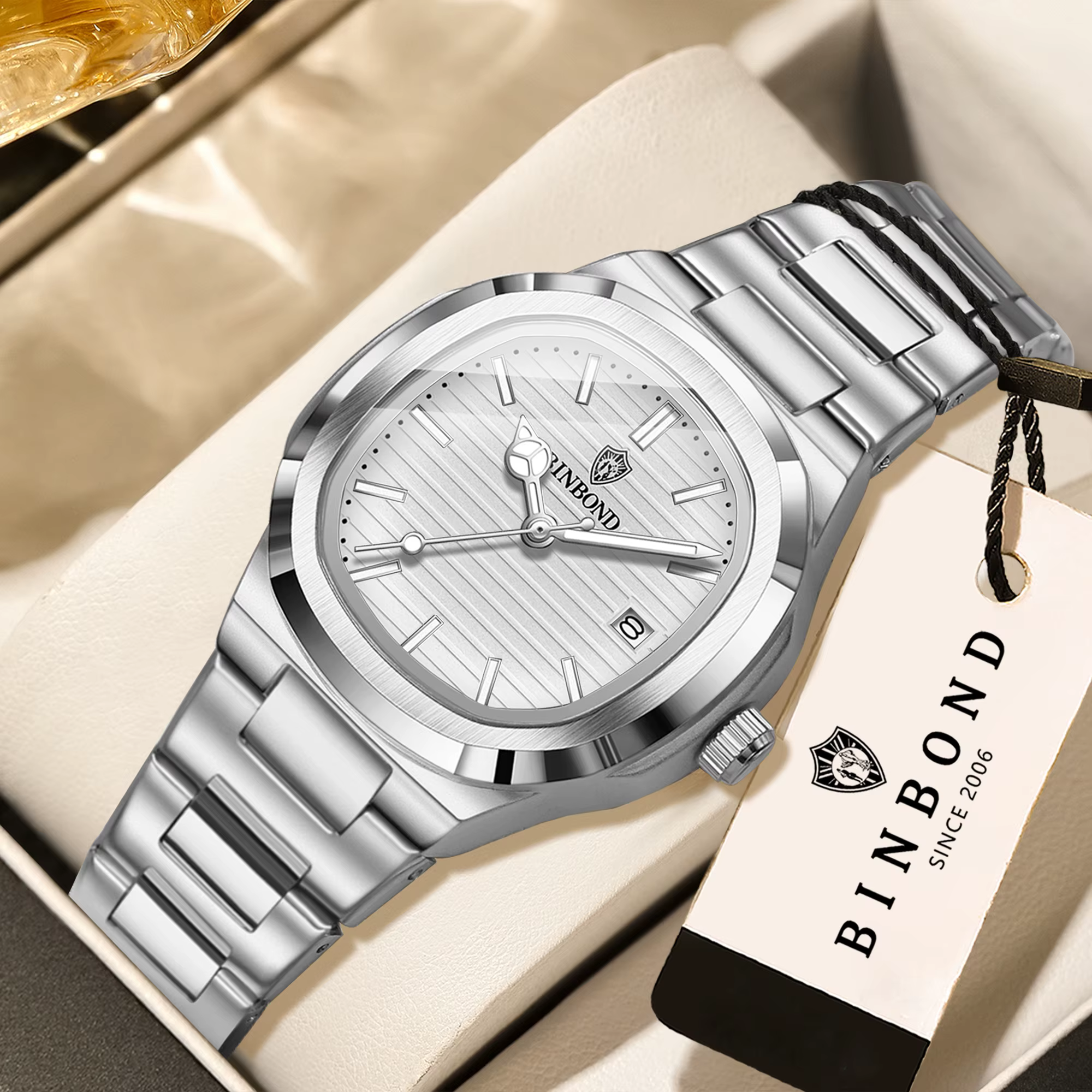 Montre femme BINBOND durable, date automatique, décontractée, quartz précis, luxe, lumineuse, étanch