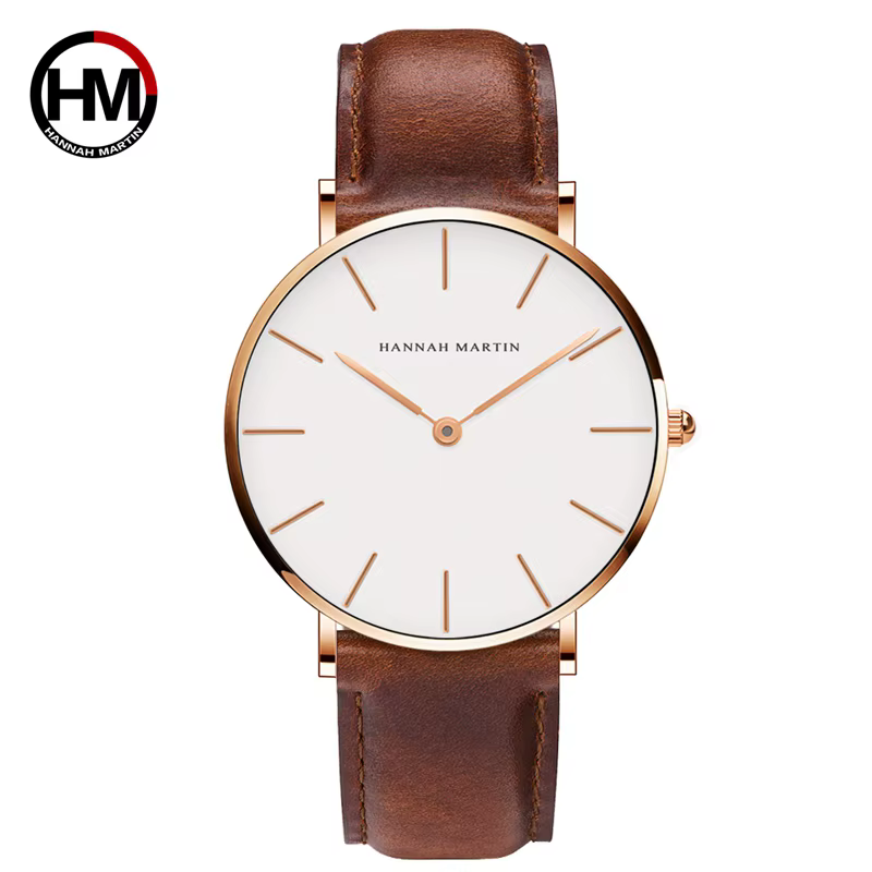 Hannah Martin marque mode japon montres à Quartz argent marron cuir hommes montre étanche robe montr