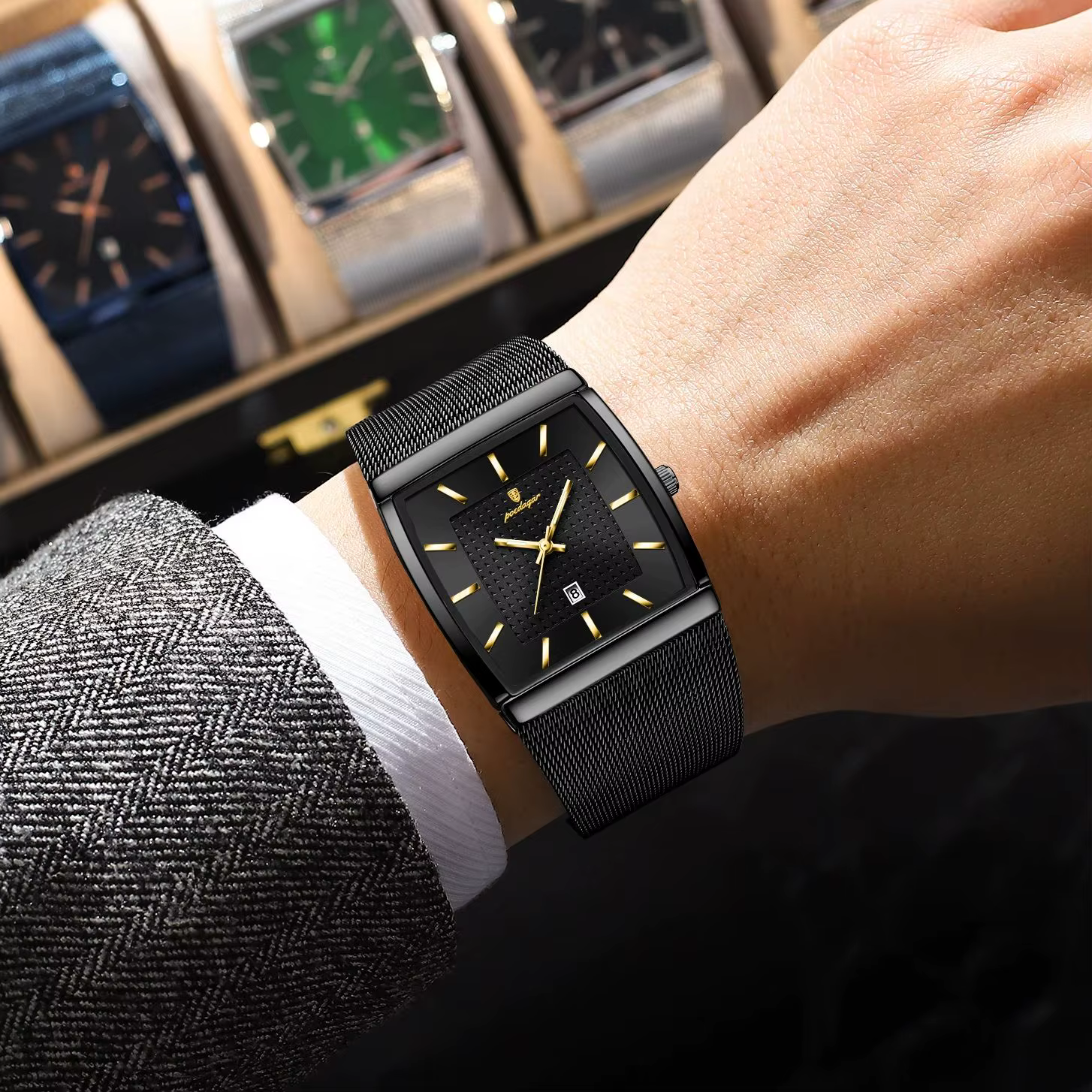 POEDAGAR Top luxe hommes montre-bracelet étanche lumineux en acier inoxydable maille Date homme mont