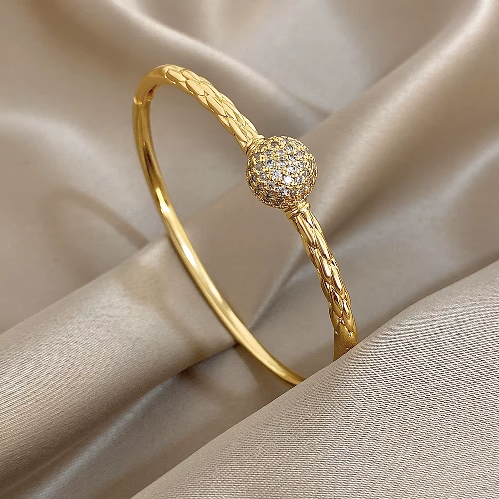 Bracelet à breloques boule ronde plaqué or brillant pour femmes, luxe, Zircon brillant, ouvert, prin