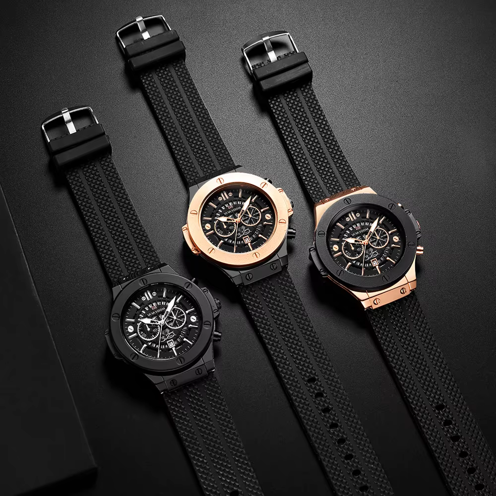 Montre de sport en Silicone noir pour hommes, main ajourée de 46mm, grand cadran, or Rose, Style mil