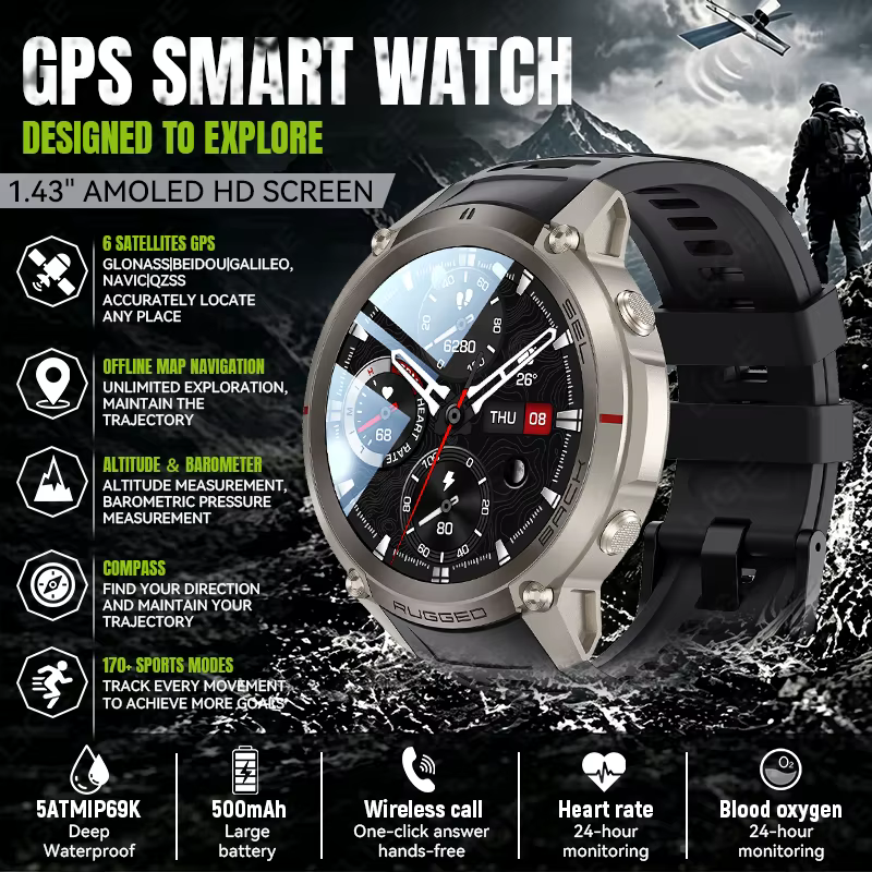 Montre connectée GPS pour homme 2026 avec carte hors ligne, étanche 5ATM, boussole, suivi de navigat