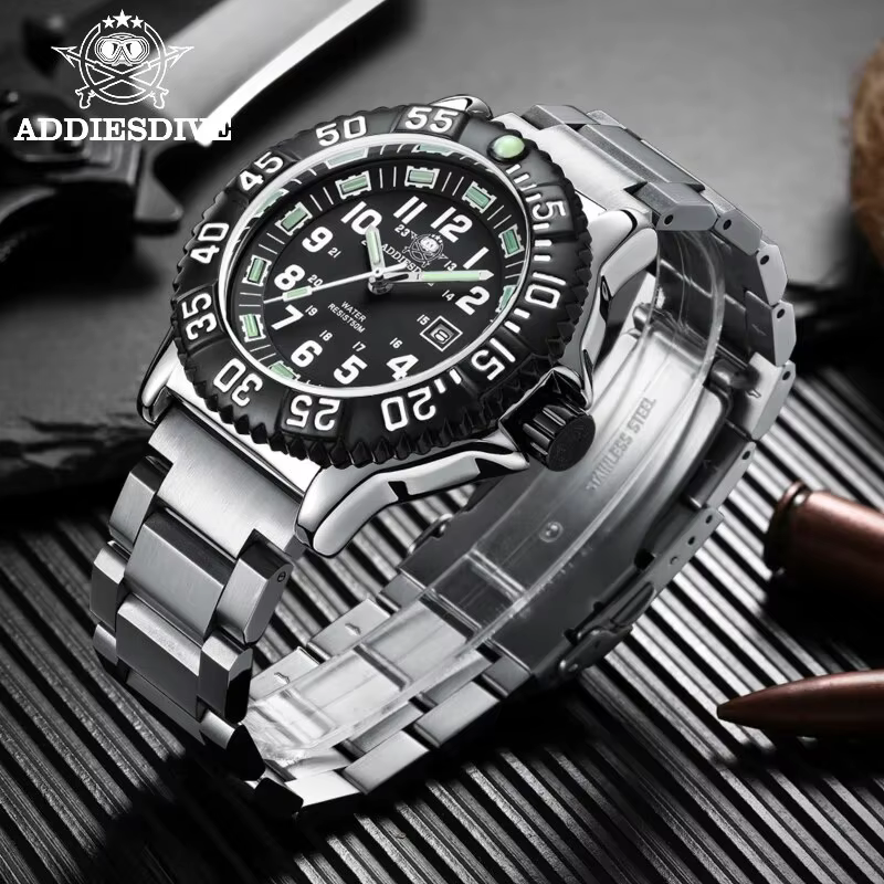 Addies Dive-Montre à quartz décontractée pour homme, affichage du calendrier, étanche 50m, tube, cad
