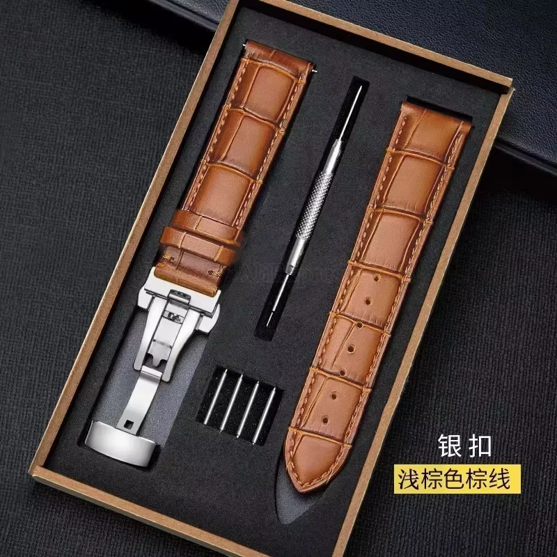 Bracelet de montre en cuir véritable avec boîte, bracelet à fermoir papillon, accessoires de bracele