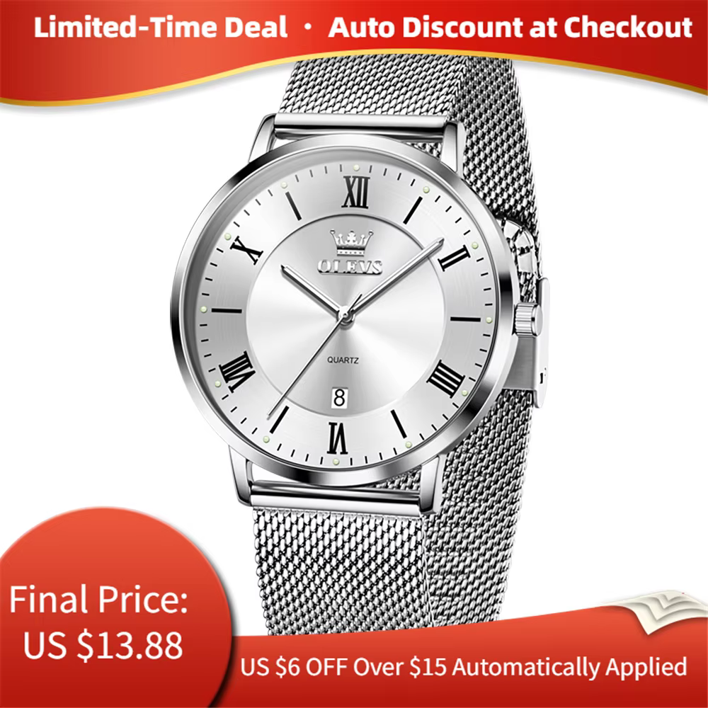 OLEVS 5623 Montre à quartz pour homme, cadran minimaliste avec chiffres romains, bracelet en maille