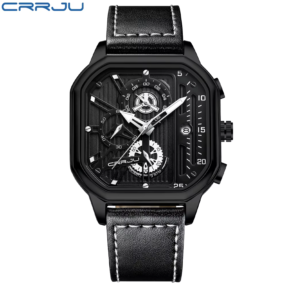 CRRJU mode cadran carré en cuir hommes montres de luxe Sport montre étanche Homme chronographe Quart