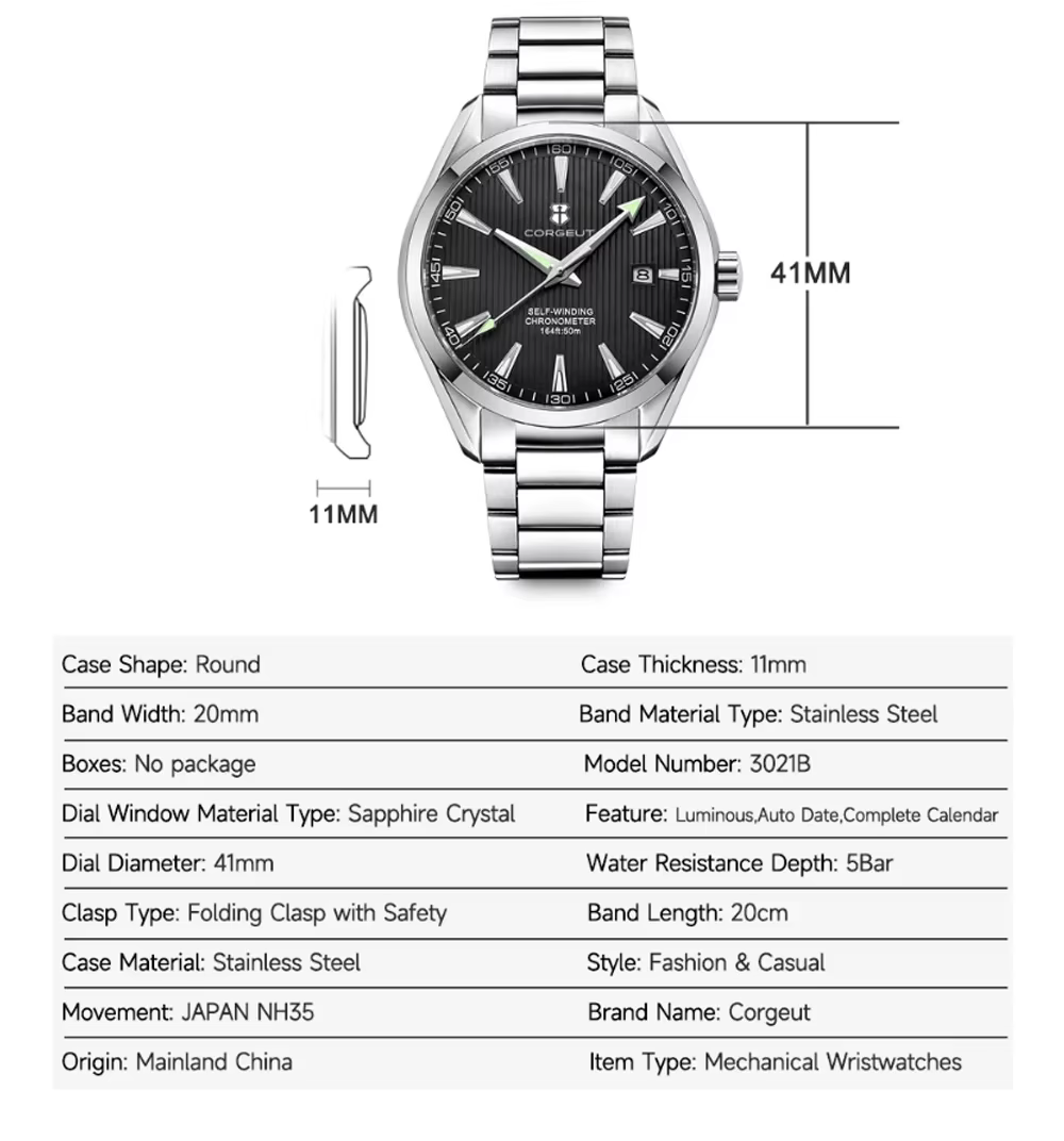 Corgeut 41mm luxe NH35 Movt homme Sport horloge automatique Relogio Masculino mécanique montre-brace