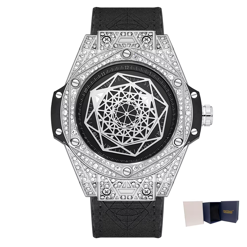 Montre Homme Géométrique de Luxe, Montre à Quartz Diamantée Style Hip Hop Bling, Cadran Hexagonal Cr