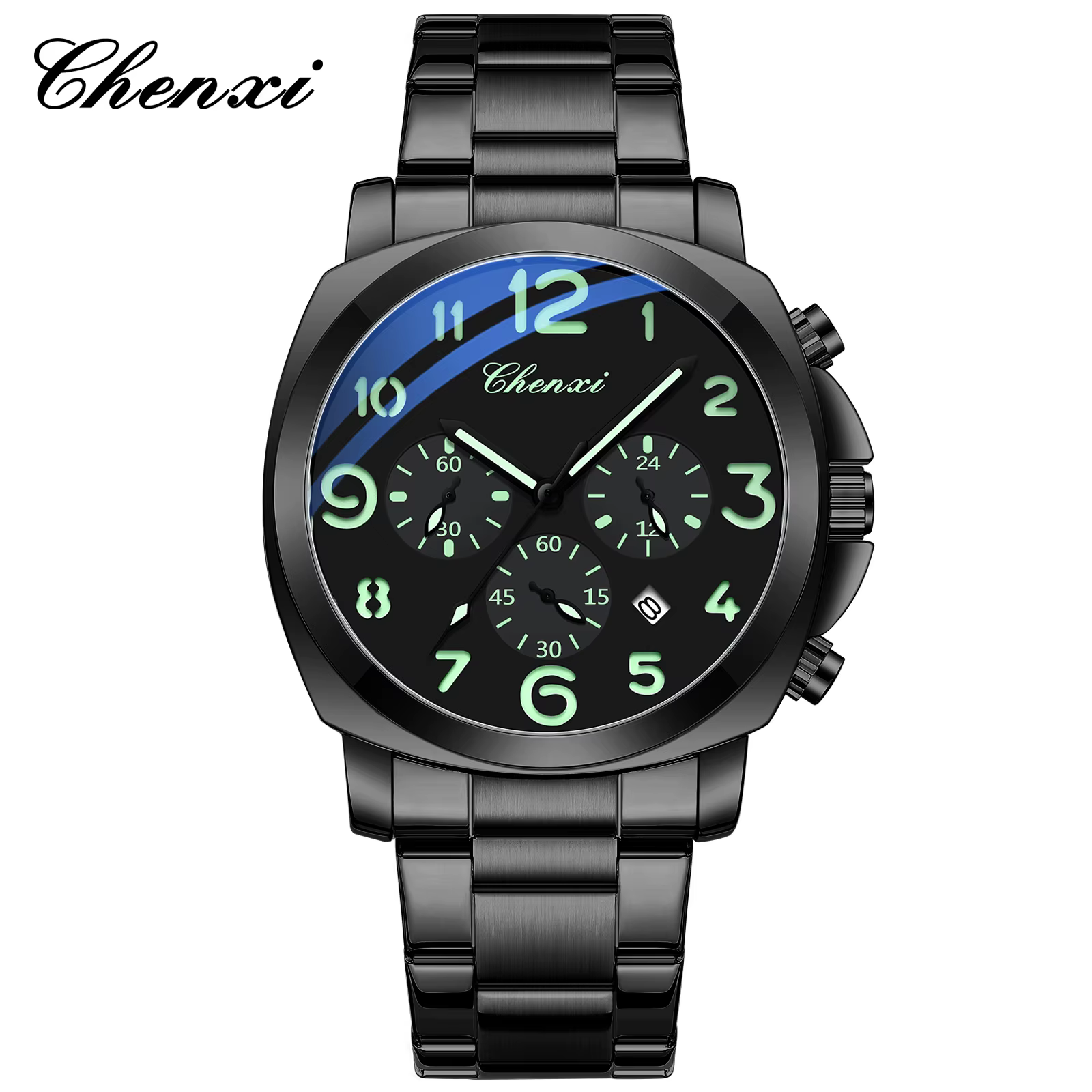 CHENXI – montre-bracelet ronde pour hommes, chronographe, calendrier lumineux, étanche, en acier ino