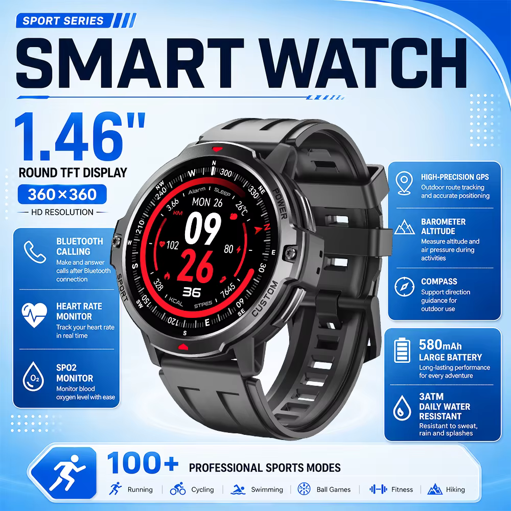 Montre connectée GPS avec suivi en temps réel, écran 1,46 pouces, plus de 100 modes sportifs, étanch