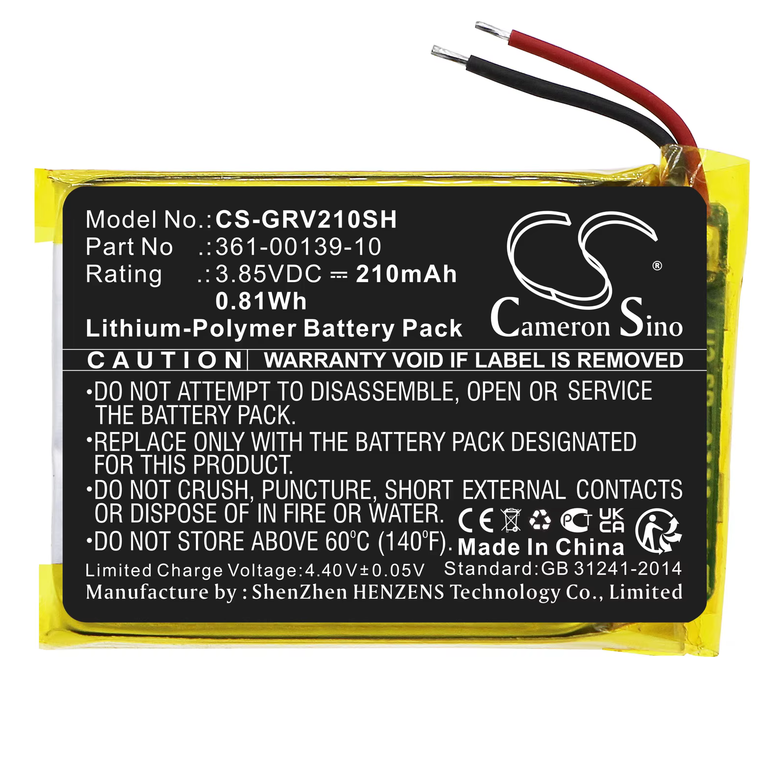 Batterie de montre connectée Cameron Sino pour Garmin : Venu 2, 361-00139-10, 210 mAh / 0,81 Wh, Li-