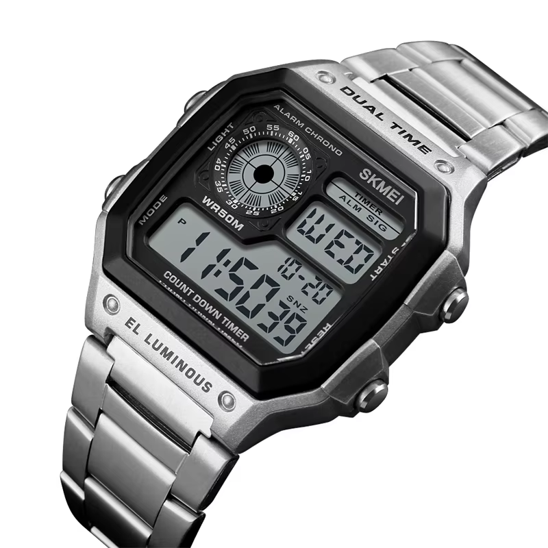 Skmei-Montre-bracelet de sport numérique pour homme, bracelet en acier inoxydable, chronographe LED,