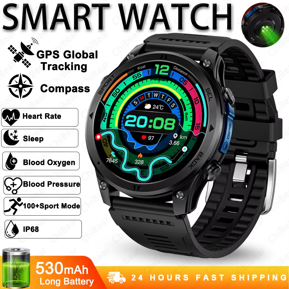 Montre connectée de randonnée mondiale 2026, écran 1,46'', batterie 530 mAh, suivi GPS, étanche IP68