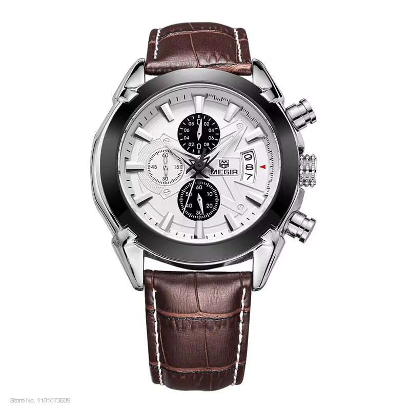 Megir – montre en cuir pour hommes, marque de luxe, Quartz, chronographe militaire, étanche, 2019, 2