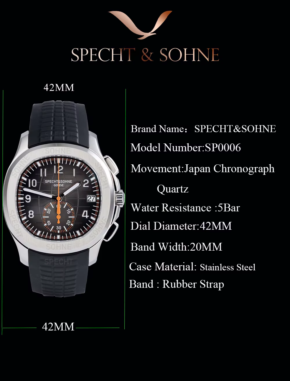 Specht & Söhne nouveau classique 5167 montre pour hommes couleur Orange saphir cristal caoutchouc Sr