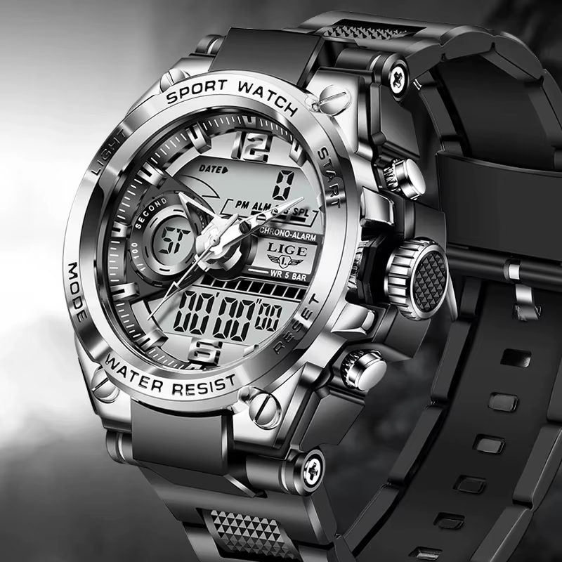 LIGE numérique hommes montre militaire 50m étanche montre-bracelet LED Quartz horloge Sport montre m