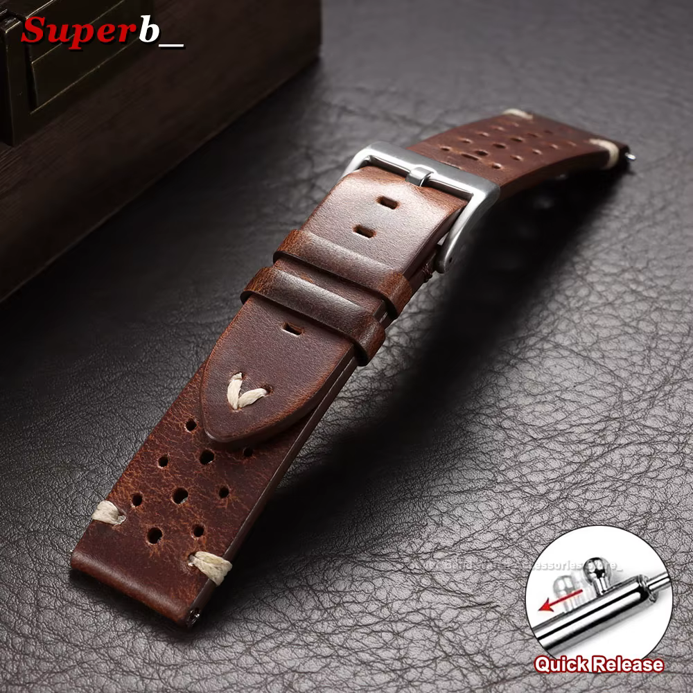 Bracelet de montre en cuir huilé marron vintage à dégagement rapide 20mm 22mm, sangles universelles