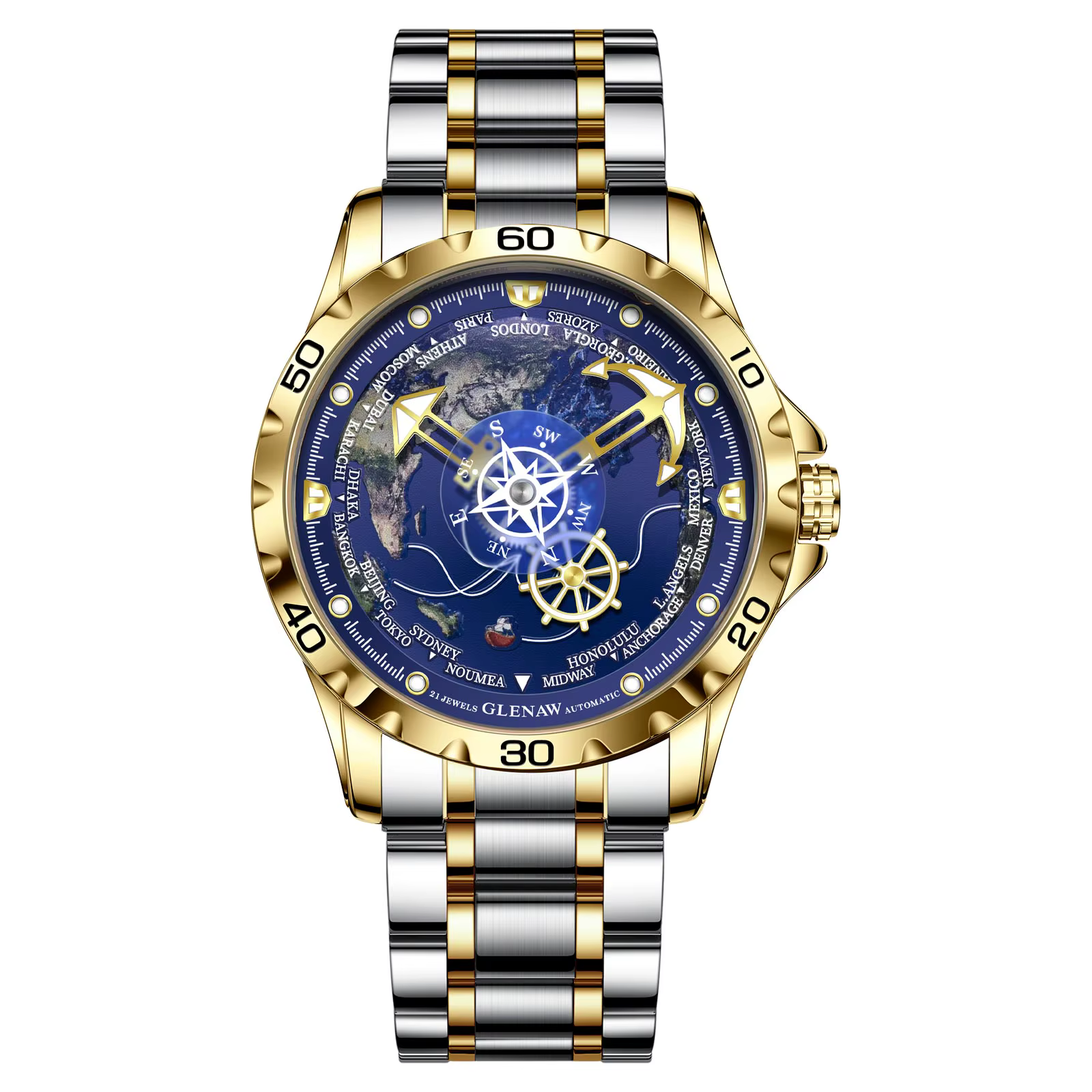 Glenaw Navigator Series Montre mécanique entièrement automatique Globe double couleur or et argent e