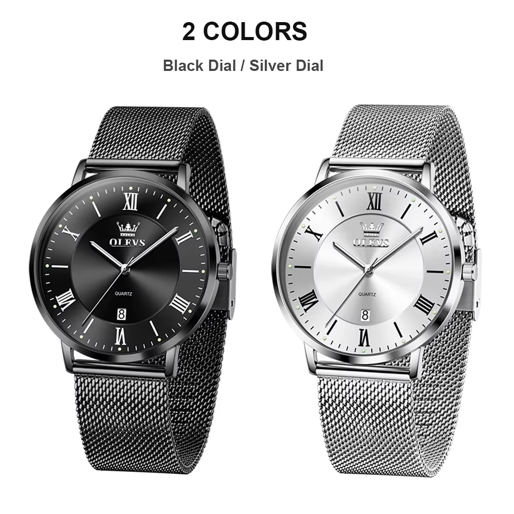 OLEVS 5623 Montre à quartz pour homme, cadran minimaliste avec chiffres romains, bracelet en maille