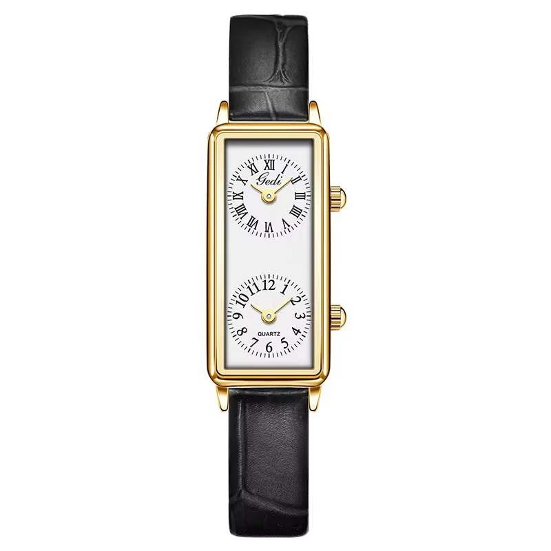 Femmes montre à Quartz de luxe double temps 2 mouvement horloge en acier inoxydable Reloj Mujer Rect