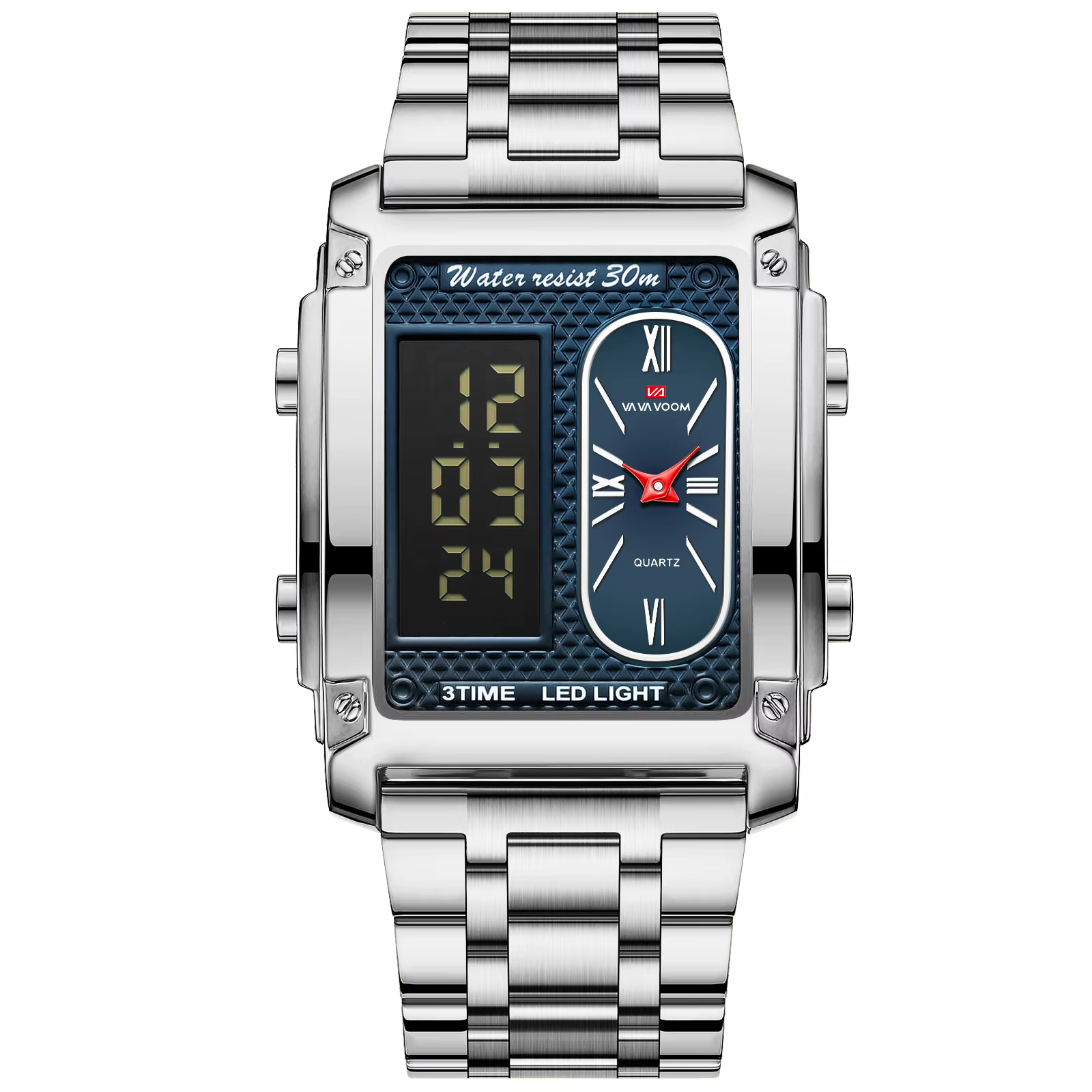 Montre électronique pour hommes avec écran LED rectangulaire de 50 mm, en acier inoxydable doré, chr