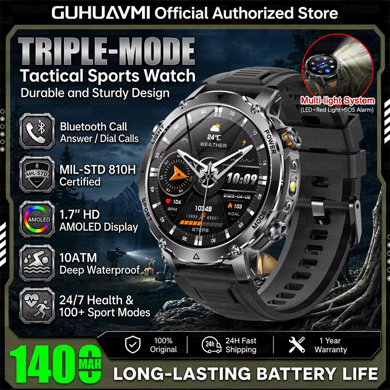 Montre connectée de qualité militaire TANK, batterie 1400mAh, étanche 10ATM, sport de plein air, ala