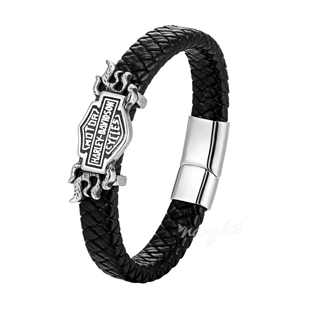 Bracelet en cuir tressé Knight Shield, bracelet tendance en acier inoxydable pour Harley Davidson, é