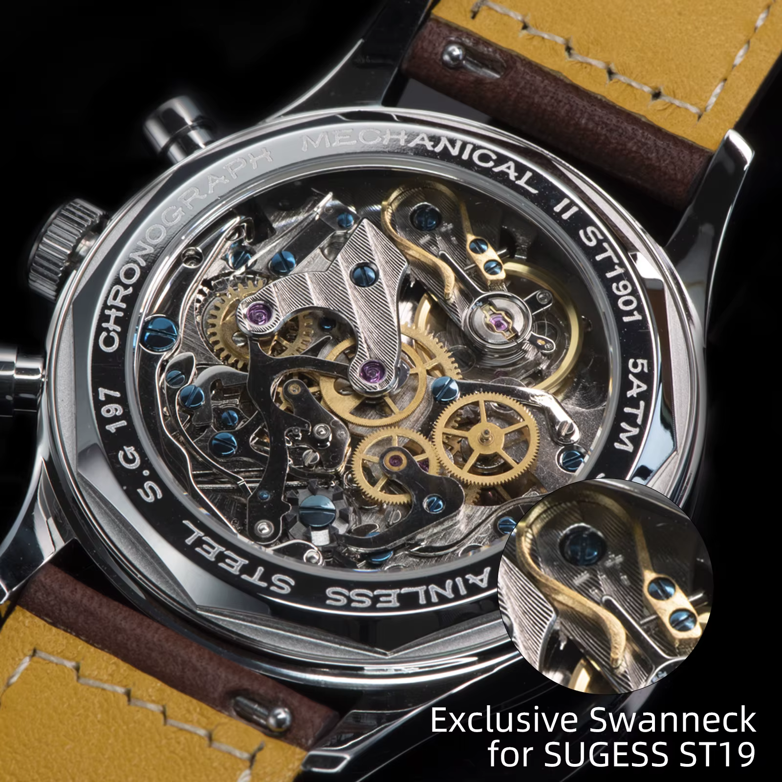 Sugess montre pilote ST19 mouvement d'origine montre-bracelet à col de cygne chronographe mécanique