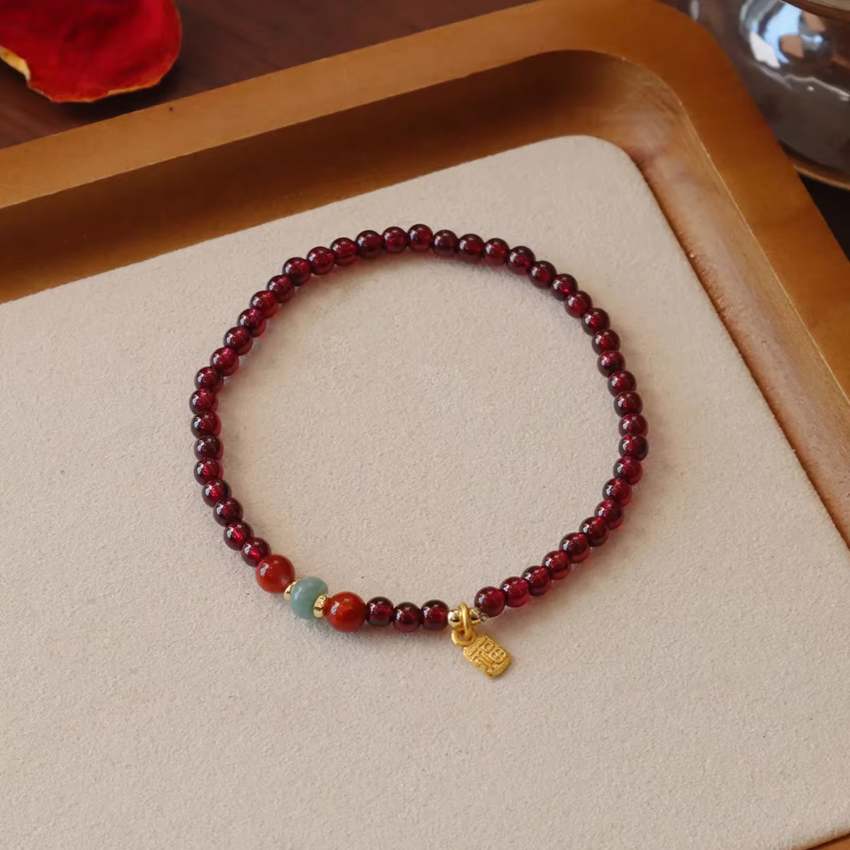 2026 Bracelet grenat 3MM avec Jade Aqua et Agate, bracelets de perles empilables plaqués or pour fem