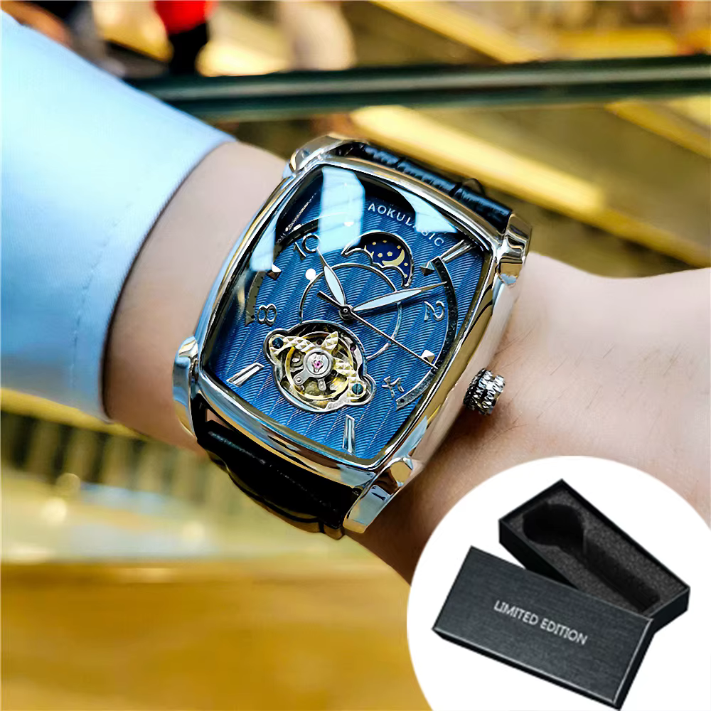 Tonneau Phase de lune montre automatique pour hommes marque de luxe Tourbillon squelette montres méc